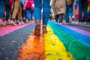 Person walking along a rainbow-painted street with other people in the background