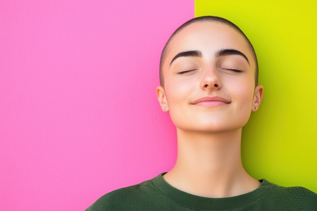 Person with eyes closed against a pink and green background, representing calm and emotional safety in mental health care